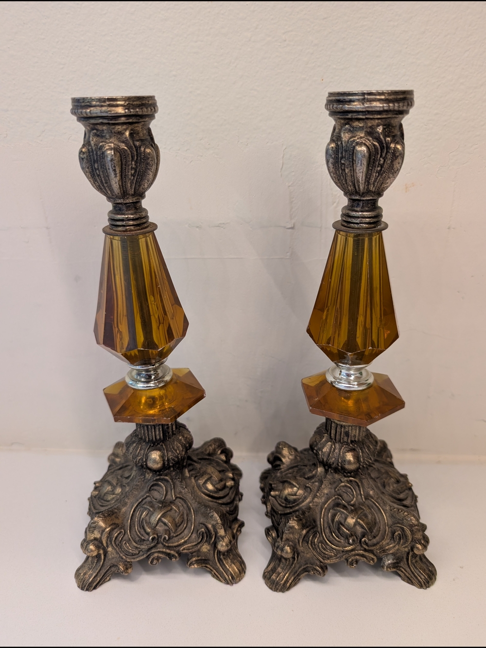 VTG Hollywood Regency Amber Lucite & Ornate Metal Candlesticks - Set of 2 (10")